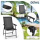 Black outdoor patio folding chair with ergonomic armrests, strong steel frame, and anti-skid foot pads for stability.